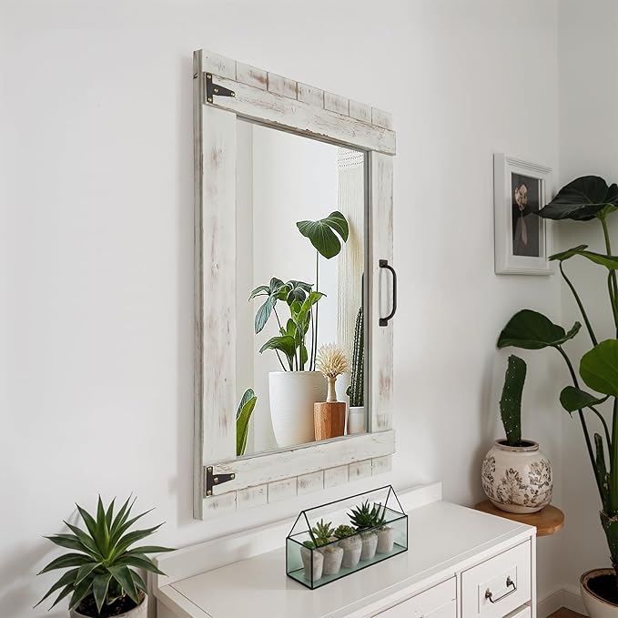 Oakrain Farmhouse Mirror, 24x32 Inch Distressed Gray Wood Frame with Black Metal Hinges, Rustic Wall Mirror for Bathroom, Living Room, Entryway, Bedroom