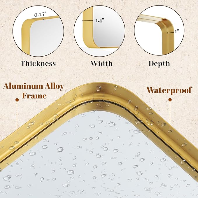 Bathroom Mirror Vanity for Over Sink Wall Mirror - 30x48 Inch Rounded Corner Rectangle Aluminum Frame Mirror,Hangs Horizontally or Vertically for Living Room Bedroom or Entryway Gold