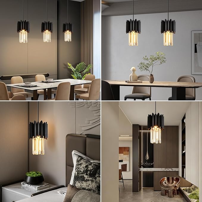1-Light Modern Semi Flush Mount Ceiling Pendant Light Fixture, Round Pendant Lights Kitchen Island, Black Crystal Chandelier for Living Room Bedroom Hallway Entryway
