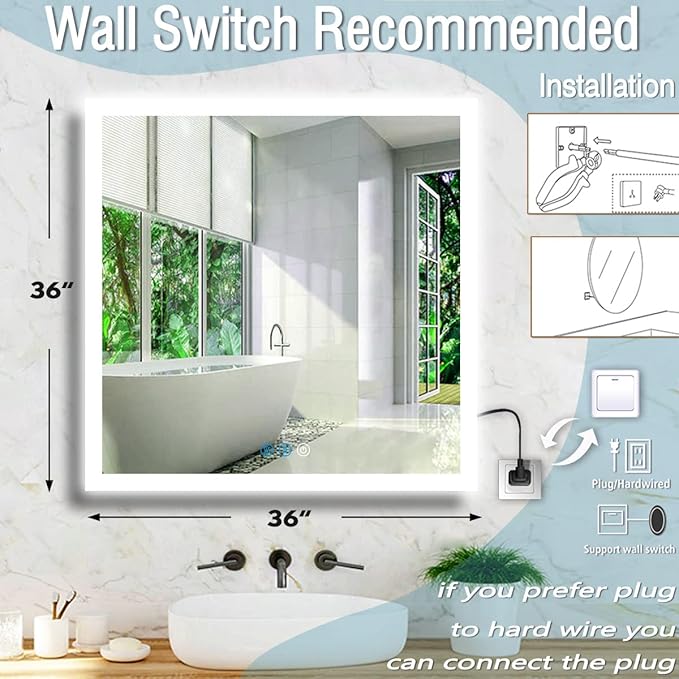 36 x 36 Inch Square Backlit LED Bathroom Mirror Anti-Fog 3 Color Adjustable Brightness Backlit Frameless Lighted Mirror for Bathroom Wall 36in Square Smart Light up LED Bathroom Mirrors