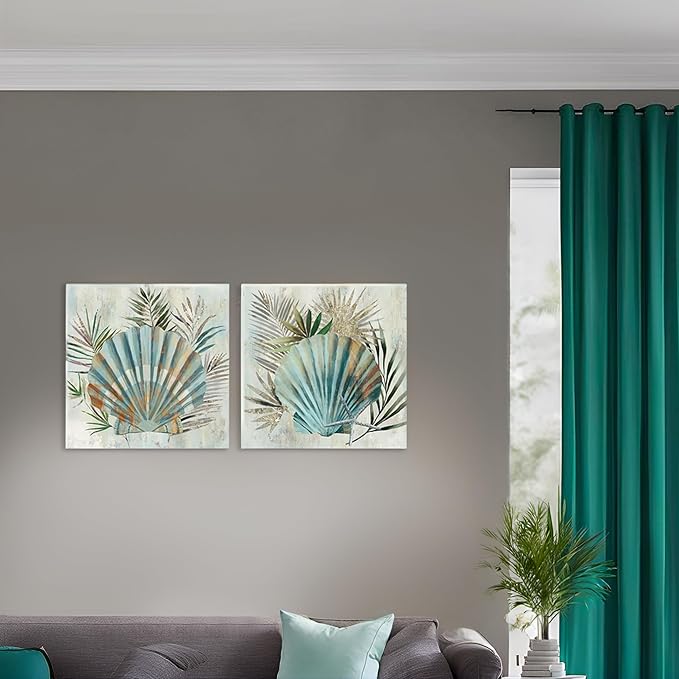 JAPO ART Turquoise Shell Pictures Modern Seashell with Tropical Palm Leaves Canvas Wall Art Coastal Wall Art for Bathroom Bedroom Livingroom Home Decorations 12x12Inchx2pcs