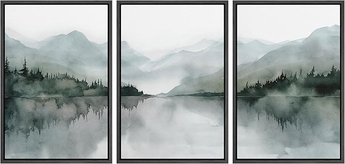 MUDECOR Framed Wall Art Print Set Misty Mountain Lake Watercolor Serene Illustrations Modern Art Boho Decorative Colorful Chic for Living Room, Bedroom, Office - 16"x24"x3 Black