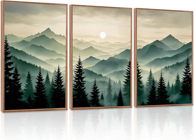 LHIUEM Abstract Mountain Wall Art,Boho Forest Pictures Set of 3(16”X24”) Framed Canvas Print Dark Green Pine Tree,Big Foggy Sun Green Mountain Painting,Sage Green Wall Art for Bedroom Living Room