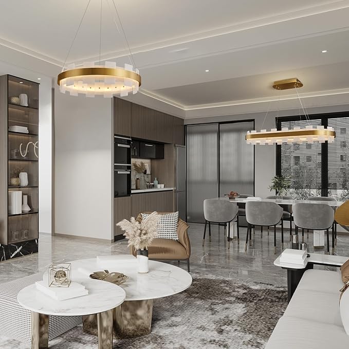 Modern Alabaster Linear Chandelier, 20 Inch Round Adjustable Flushmount Ceiling Light Fixture for Living Room, Over Table, Bedroom, Hallway, Entryway