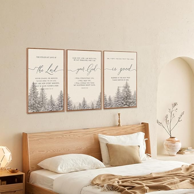 LHIUEM Bible Verses Framed Canvas Wall Art Set,Christian Scripture Religious Wall Decor,Vintage Easter Pine Tree Artwork for Living Room,Bedroom,Dining Room,Office -16"x24"x3