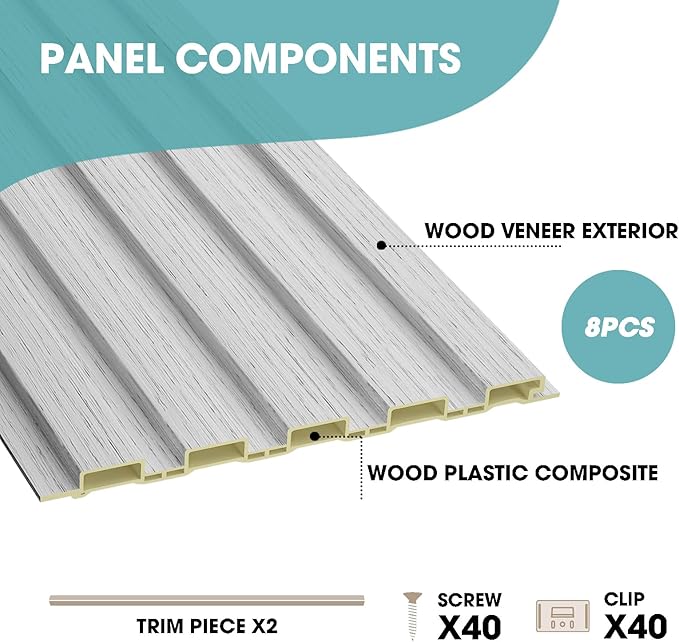 OUZUGIE WPC Acoustic Slat Wall Paneling, 8-Pack 114 x 6 Inches 3D Wall Panels for Interior Wall Decor,Living Room,TV Background,Study Room,Office Spaces,Bedroom,Low Grille (Grey)