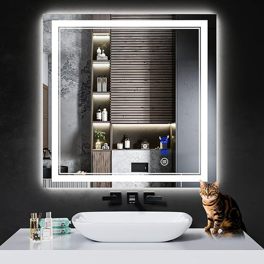 30"x30" LED Bathroom Mirror with Anti-Fog, Stepless Dimmable Lights, 3 Color Modes, Shatter-Proof Tempered Glass, Memory Function & Waterproof Design