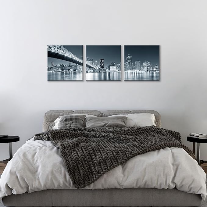 New York City Skyline Panoramic Canvas Art Black and White Brooklyn Bridge Night Scene 3 Panel Modern Urban Landscape Wall Decor Skyscrapers Reflection Print Living Room Office Bedroom Home Decoration