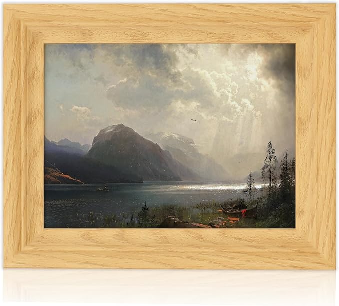 Brivoria Framed Canvas Wall Art Vintage Decor, Romantic Mountain Lake Scene with Stormy Sky Canoes Sunlight Rays and Birds for Bedroom Entryway Shelf Display or Tabletop Decoration, 8"x10"