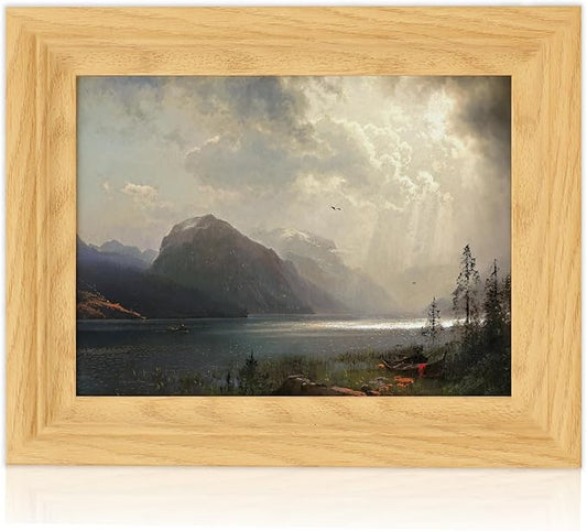 Brivoria Framed Canvas Wall Art Vintage Decor, Romantic Mountain Lake Scene with Stormy Sky Canoes Sunlight Rays and Birds for Bedroom Entryway Shelf Display or Tabletop Decoration, 8"x10"