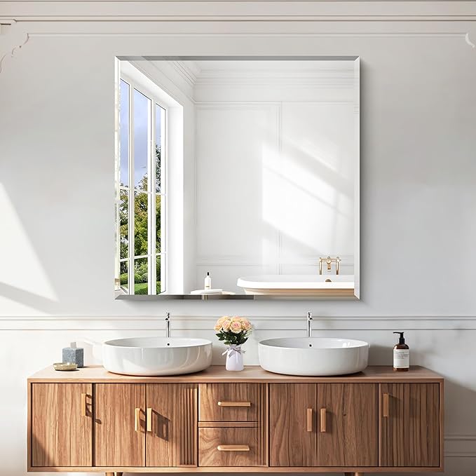 KOCUUY Beveled Mirror, 42x42 Inch Large Frameless Square Bathroom Mirror for Over Sink, Upgraded Shatterproof Beveled Unframed Design Mirror for Bathroom, Bedroom, Hang Horizontal/Vertical