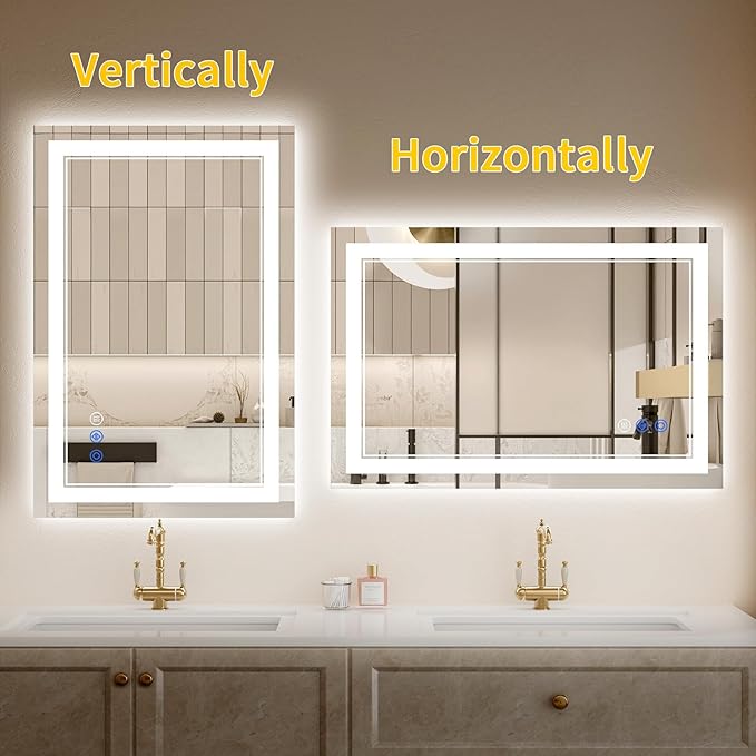 22"x30" LED Bathroom Mirror with Lights, Anti-Fog, Backlit + Front Lit, Dimmable, Led Vanity Mirror for Wall, Lighted Bathroom Mirror, 3 Colors, Shatter-Proof Tempered Glass