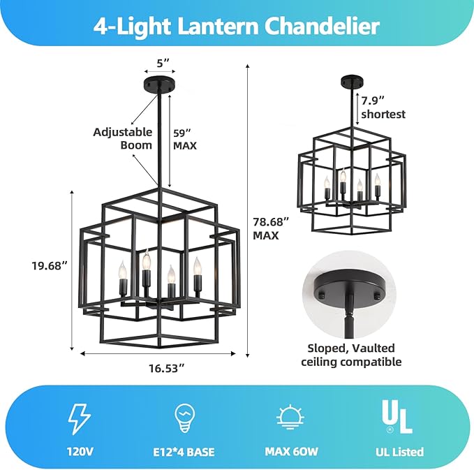 4-Light Farmhouse Chandelier, Industrial Ceiling Foyer Lighting Fixtures Black Lantern Pendant Light, for Dining Room Kitchen Island Entryway Staircase