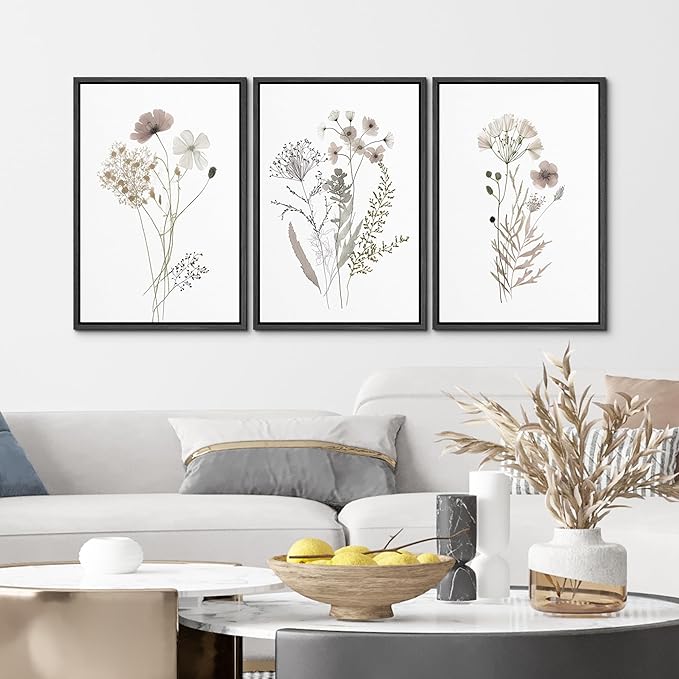 MUDECOR Framed Canvas Print Wall Art Watercolor Wildflower Art Print, Floral Botanical Prints, Minimalist Art, Modern Farmhouse for Bedroom - 16"x24"x3 Black