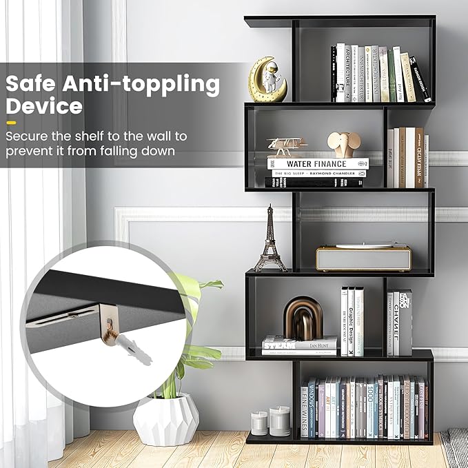 5 Tier Geometric Bookcase, S Shaped Bookshelf, Modern Decorative Storage Shelving, Wooden Room Divider Bookcase, 62.5" Tall Staggered Display Book Shelf for Living Room (1, Black)
