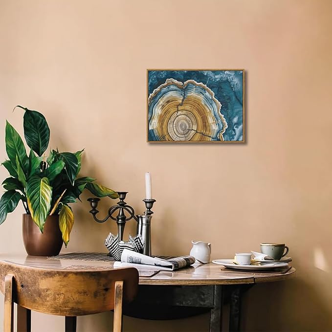 BingruiArt Framed Tree Ring Canvas Wall Art Abstract Wood Wall Decor Boho Modern Colorful Nature Painting Wood Stump Prints Pictures for Living Room Bedroom Bathroom Office 12"x16" Natural Framed(07)