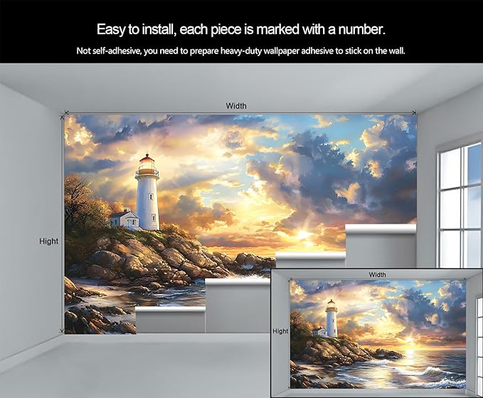 Coastal Mural Wallpaper, Ocean Lighthouse Murals, 3D Sunset Ocean Murals Wallpaper for Living Room Bedroom Home Decor Mural - 55" W x 28" H (Not Peel Stick)
