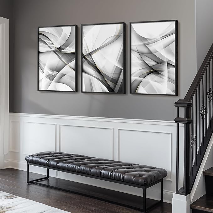 Large Framed Black and White Gold Abstract Lines Wall Art for Living Room, Set of 3 Piece Canvas Paintings Artwork for Walls, Modern Minimalist Lines Art Prints Pictures for Hallway Office Wall Decor 24x36 In