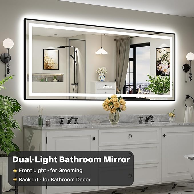 88x38 Inch LED Bathroom Mirror with Black Frame, Backlit & Front Lit, Anti-Fog Lighted Bathroom Vanity Mirror for Wall, Memory Function, Dimmable, HD Tempered Glass, Shatter-Proof