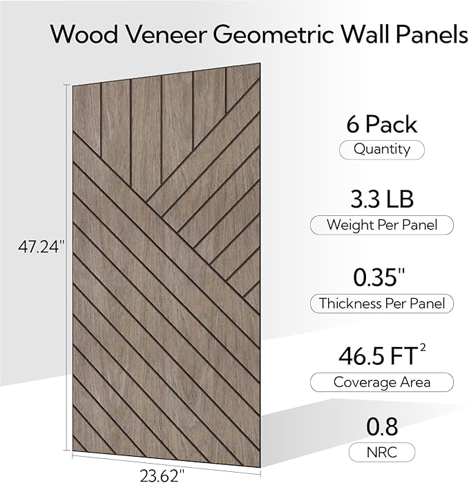 Olanglab Wood Veneer Wall Panels 6 Pack, 24‘’X48‘’ Sound Absorbing Panels for Noise Reduction, Diadonal Stripe