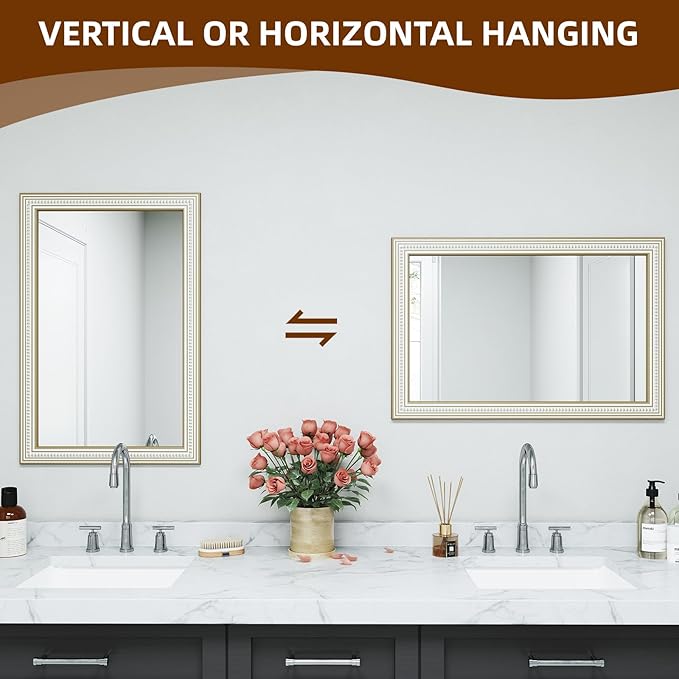 36x24 Inch Farmhouse Wooden Rectangle Mirrors for Wall with Beaded, Boho Decorative Rectangular Mirror for Bathroom, Living Room, Entryway, Foyer (Horizontal/Vertical Mount)