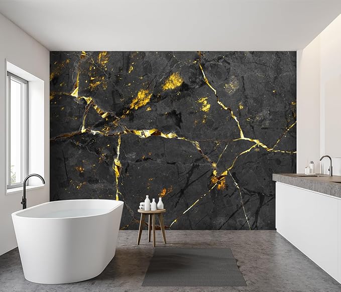 -Black and Gold Marbled Fabric Wallpaper Dark Abstraction Art Living Room Bedroom Bathroom Wall Mural- 183"x120"（ not Peel and Stick）
