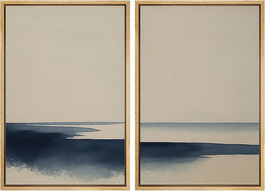 MUDECOR Framed Canvas Print Wall Art Set Minimalist Blue Horizon Seascape Illustrations Modern Art Decorative Bohemian Calm/Zen for Living Room, Bedroom, Office - 24"x36"x2 NATURAL