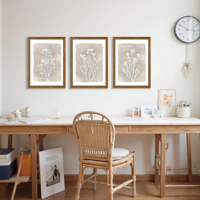 JLTULT 3 Piece Boho Beige Floral Wall Art, Minimalist Line Botanical Flower Wall Decor, Vintage Rustic Wildflower Art Prints for Living Room Bedroom Office Farmhouse decoration 12x16 in Ready to Hang