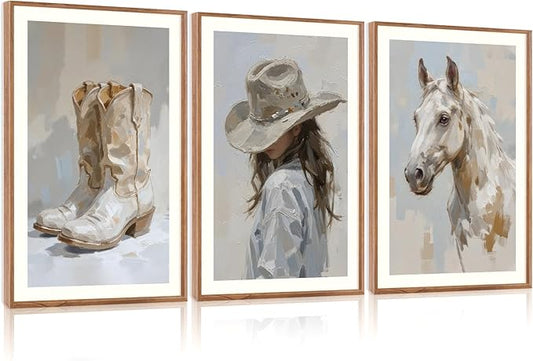 CHDITB Western Cowgirl Framed Canvas Wall Art Set, Farmhouse Wall Decor, Highland Horse Boots Artwork Painting,Vintage Country Hat Art Prints for Living Room Girls Dorm Bedroom Apartment-16 x24 x3