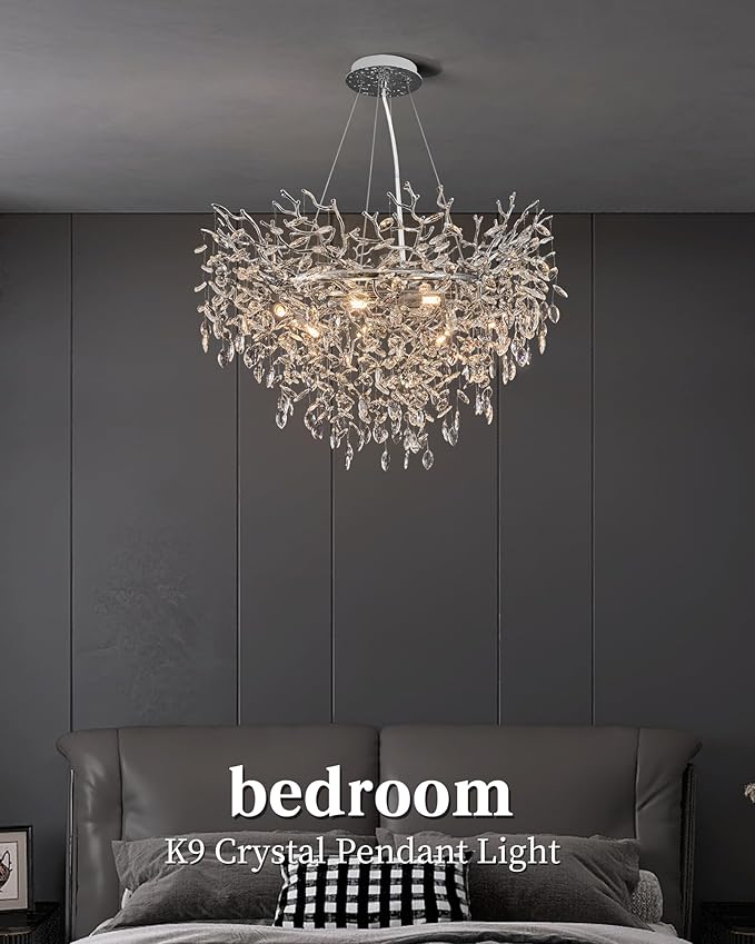 Modern Crystal Chandelier for Dining Room, 31.5" Chrome Tree Branch Chandeliers, 10-Light Luxury K9 Crystal Round Chandeliers for Kitchen Island Living Room