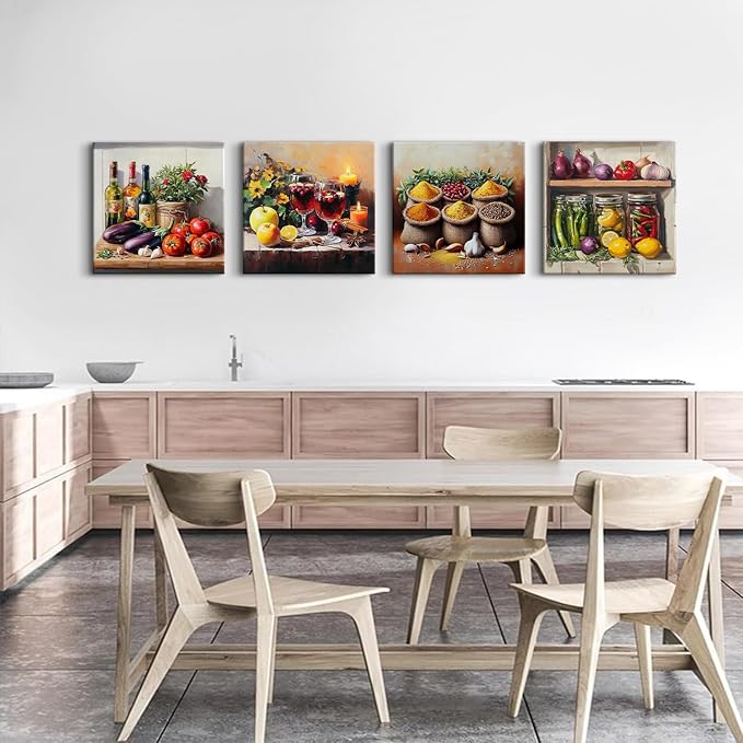 Kitchen Wall Decor Mason Jar Wall Art Spices Food Canvas Prints Kitchen Ingridients Picture Rustic Still Life Painting Vintage Healthy Vegetables Poster Artwork Dining Room Home Decoration 20x20" 4Pcs
