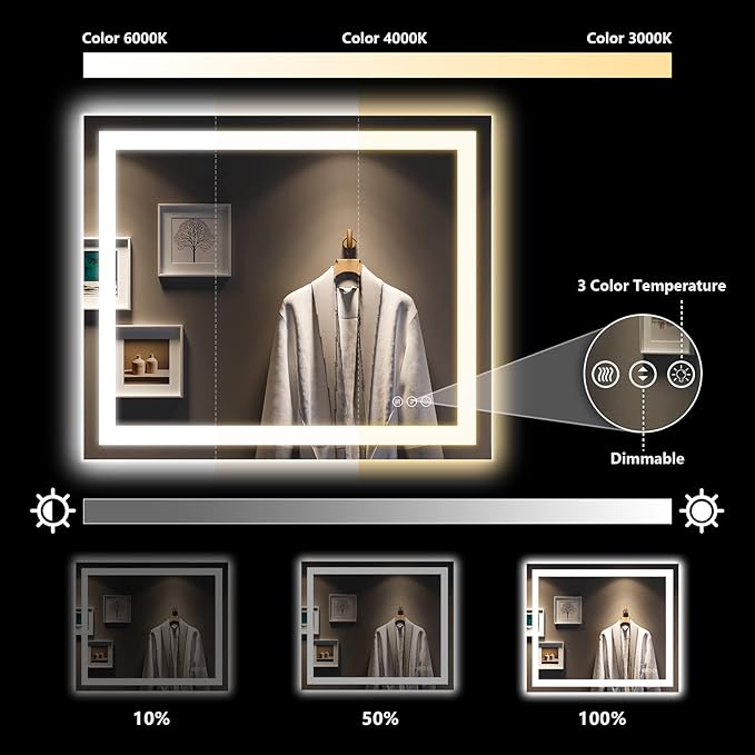 40x32 Inch LED Bathroom Mirror with Lights Front and Backlit Lighted Vanity Mirror for Bathroom Wall with 3 Colors Dimmable Anti-Fog Memory Shatter-Proof IP54 Waterproof Horizontal/Vertical