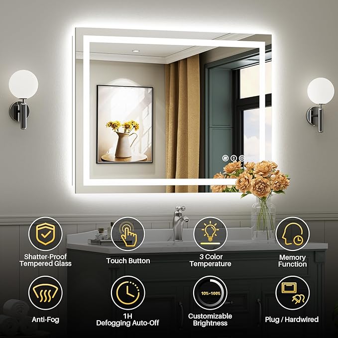 48"x36" LED Bathroom Mirror with Lights, Backlit & Front Lit, Anti-Fog Lighted Bathroom Vanity Mirror for Wall, Memory Function, Dimmable, HD Tempered Glass, Shatter-Proof