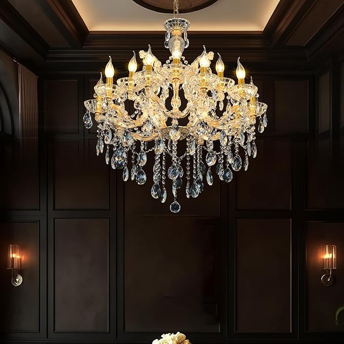 Modern Large Chandeliers Maria Theresa Crystal Chandelier for Dining Room, Living Room, Entryway, Staircase 2 Layers 15 Lights High Ceiling Pendant Lamp Luxury Chandelier D29.5 H28.7