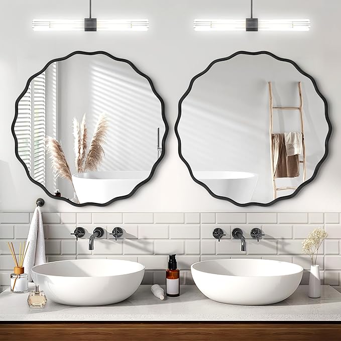 Black Round Mirror for Wall, 32"x32" Decorative Wavy Bathroom Mirror with Brushed Alloy Steel Frame & Shatter-Proof Glass, Hanging Circle Wall Mirrors for Bathroom, Entryway, Bedroom