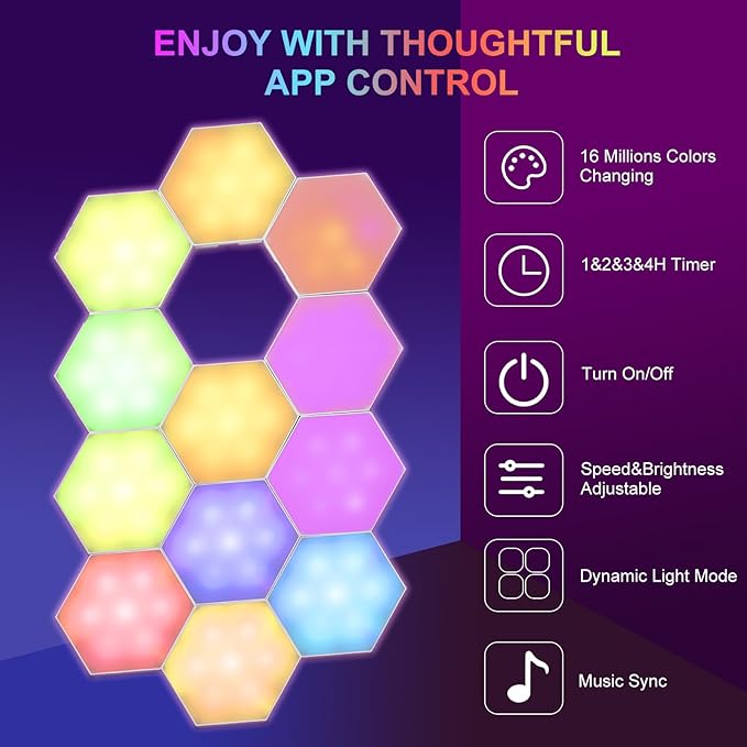 Neoglint 12 Pack Hexagon Lights - RGB Led Hex Lights for Wall with Smart APP Remote Control & Music Sync, Led Wall Decor for Gaming Room, Bedroom, Living Room