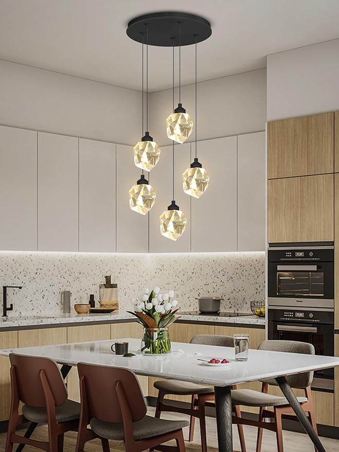 5-Light Cluster Crystal Raindrop Pendant Lights- 25W Black LED Dimmable Hanging Light Fixture Chandelier for Kitchen Island, Dining Room Living Room