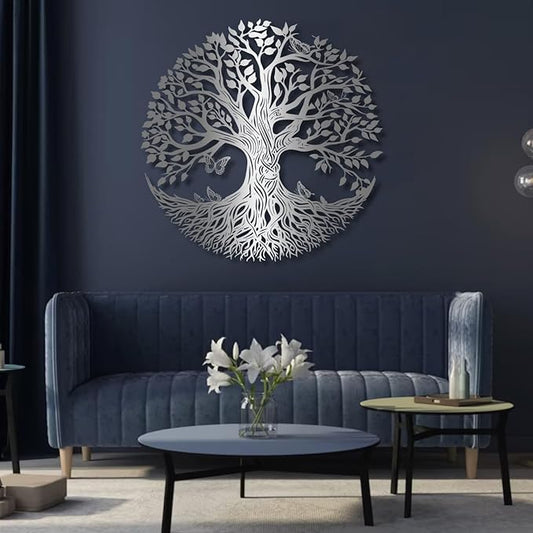 Metal Tree of Life Wall Decor, Circle of Life Metal Trees Wall Art, Branch Art, Spiritual Decor, Modern Sculpture Decoration, Living Room Bedroom Decoration (Sliver-Tree 4, 39"x 39"| 100x100cm)