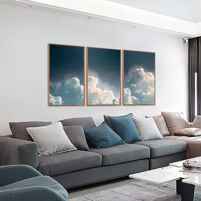 LHIUEM Abstract White Clouds Framed Canvas Wall Art,Modern Navy Blue Sky Wall Decor,Natural Scenery Painting,Minimalist Dreamy Artwork for Living Room,Bedroom,Dining Room -16"x24"x3