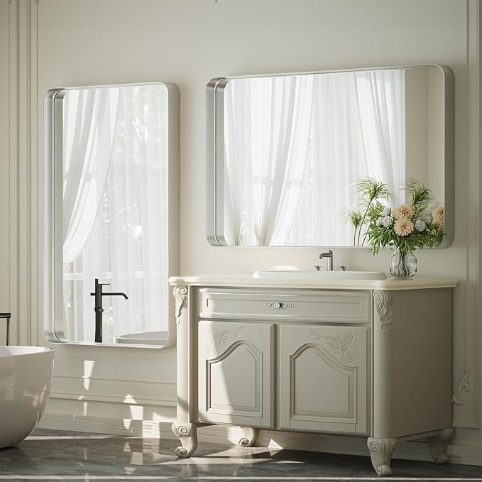 55"x 30" Silver Bathroom Mirror - Aluminum Framed Wall Mirror, Bathroom Wall Mounted Vanity Mirror, Bedroom, Living Room Wall Mirror, Hang Horizontally or Vertically