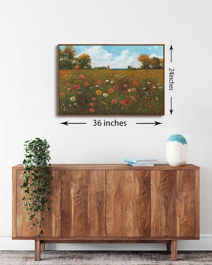 KISSFOX Vintage Landscape Framed Wall Art Autumn Farmhouse Wildflower Field Canvas Art Natural Fall Countryside Paintings Artwork Rustic Art Prints For Bedroom Bathroom Living Room