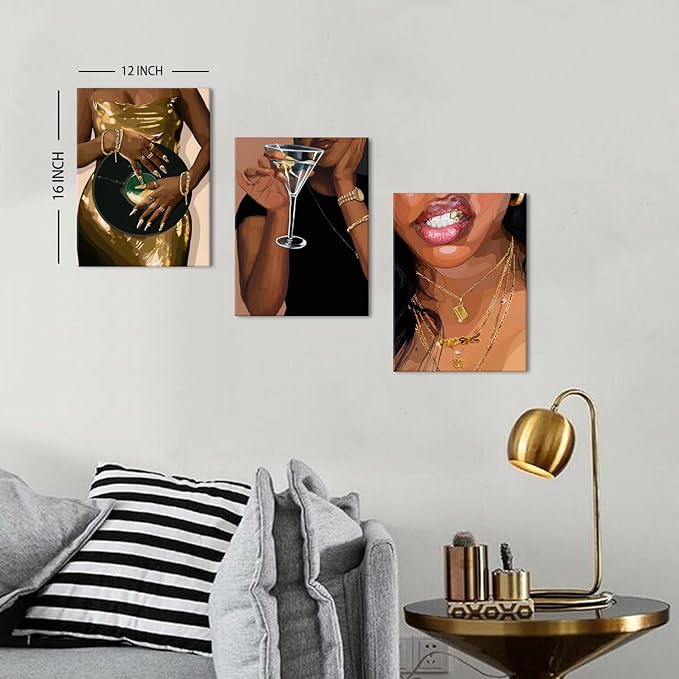 Black Girl Wall Art Fashion American African Women Canvas Pictures for Bedroom Retro Trendy Cocktail Gold Jewelry Posters Girly Prints Modern Artwork Living Room Bathroom Home Decorations 12x16" 3Pcs