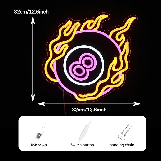Neon Sign Colorful Number 8 Billiards Neon Light For Wall Decor Dimmable Led Light Up Sign Powered By USB For Billiards Room, Gymnasium, Man Cave, Boys Gifts (12.6'*12.6' Pink Yellow White)