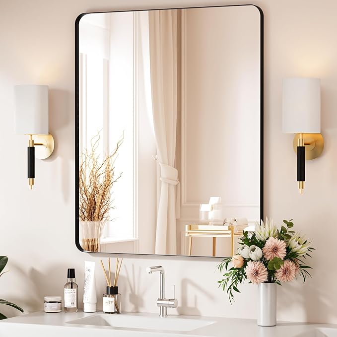Black Bathroom Mirror 30X36 Inch Bathroom Vanity Mirror for Wall, Metal Frame Large Mirror, Tempered Glass, Modern Wall Mirror for Bathroom, Farmhouse, Horizontally or Vertically Hanging