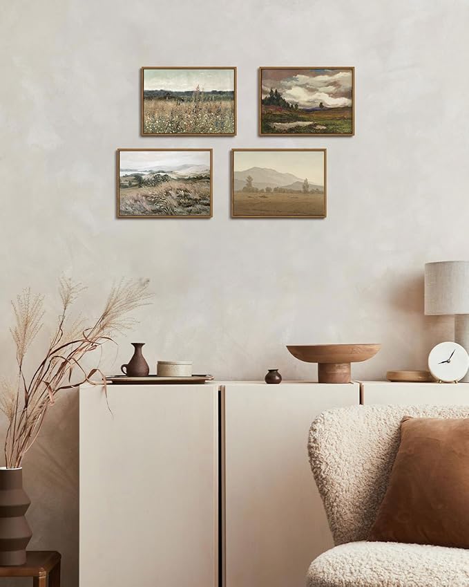 KISSFOX Vintage Landscape Canvas Wall Art Neutral Farmhouse Hills Lake Framed Wall Art Serene Countryside Paintings Artwork Rustic Art Prints For Bedroom Living Room