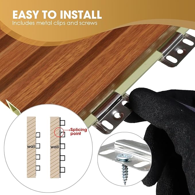 OUZUGIE WPC Acoustic Slat Wall Paneling, 8-Pack 96 x 6 Inches 3D Wall Panels for Interior Wall Decor,Living Room,TV Background,Study Room,Office Spaces,Bedroom,High Grille (Teak)