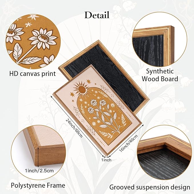 CHDITB Bohemian Floral Framed Canvas Wall Art Set, Nature Inspired Wall Decor, Boho Sun Art Spiritual Wall Painting, VintageArt Flowery Prints for Living Room, Bedroom, Office-Large Size 16"x24"x3