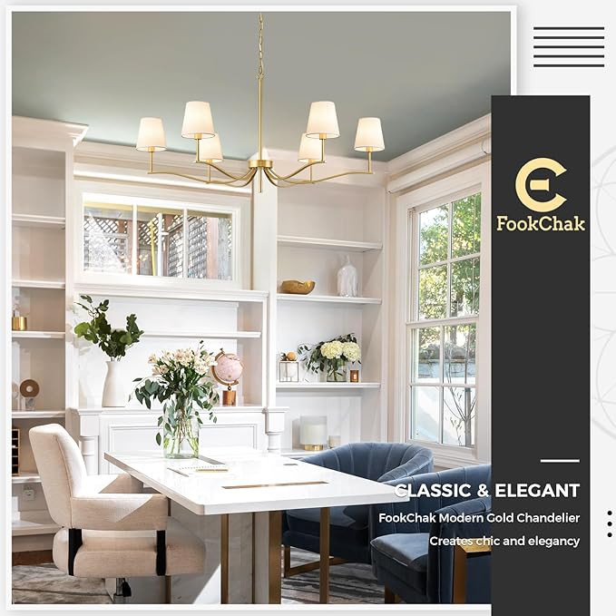 6 Light Brass Gold Chandelier with White Fabric Shade 44'' Linen Dining Room Chandeliers Over Table Kitchen Chandeliers Light Fixture for Living Room Bedroom Entryway Home Office