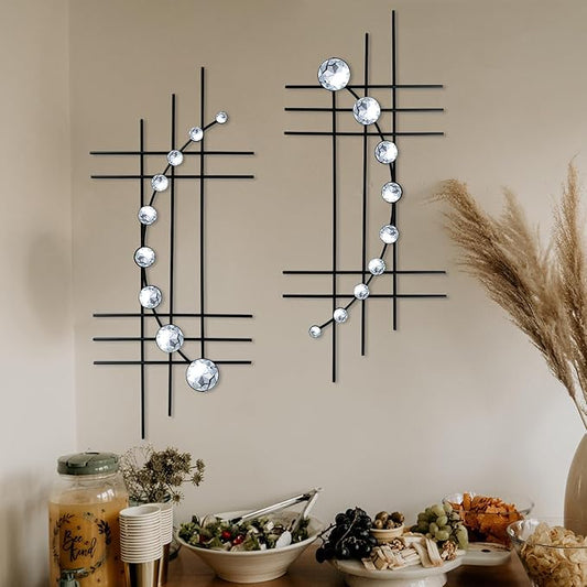 ZEXUIRU 2 Set Bling Metal Wall Art Jeweled crystal Hang wall Decor Rhinestone Diamond Iron Abstract Wall Sculpture Black
