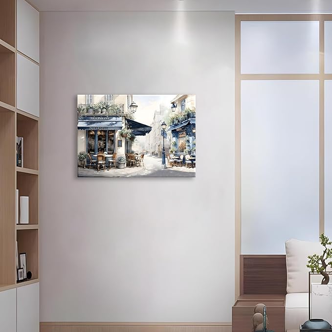 Modern Framed Street View Wall Art European Coffee Shop Canvas Print, Contemporary City Scene Painting, Vintage Cafe Artwork for Kitchen Dining Room Living Room, Bedroom Home Decor, Multi Size